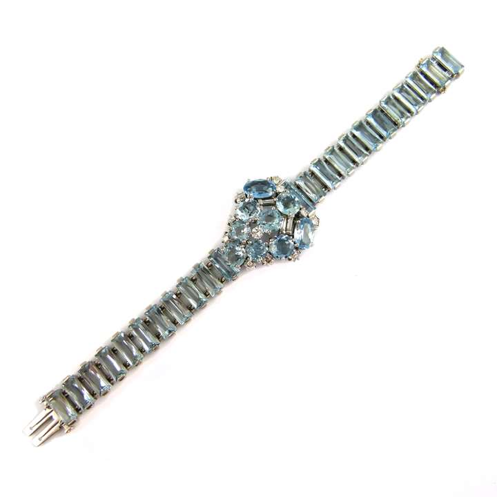 Mid-20th century aquamarine and diamond cluster bracelet